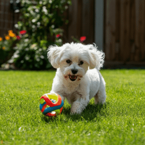 A playful Small-breed dog mix chasing 