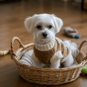An adorable Maltipoo mix wearing a cute sweater while sitting comfortably in a woven basket on a wooden floor.