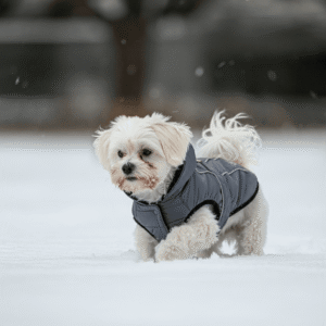 A joyful Maltese Poodle mix playing in the snow, dressed in a snug winter coat in a festive outdoor setting.