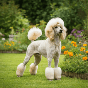 A French Poodle standing elegantly in a lush garden, surrounded by colorful flowers and vibrant greenery.