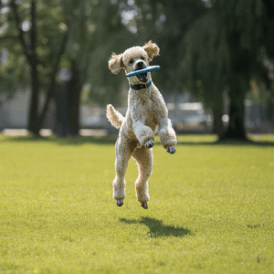 A joyful French Poodle leaping to catch a frisbee in a sunny park, showcasing its curly fur and athletic energy.