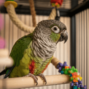 Green cheek conures with toy in cage